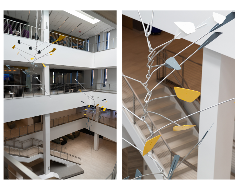 The striking atrium sculpture in Kettering University's Learning Commons combines art and engineering, serving as a centerpiece that inspires creativity and innovation.