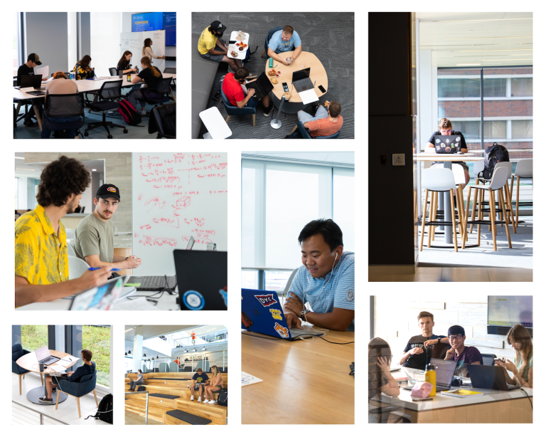 A dynamic photo grid showcases collaborative learning, individual focus, and community engagement in the versatile spaces of Kettering University's Learning Commons.