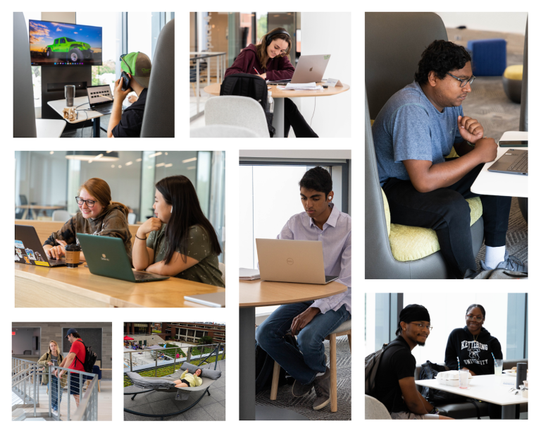 A dynamic photo grid showcases collaborative learning, individual focus, and community engagement in the versatile spaces of Kettering University's Learning Commons.