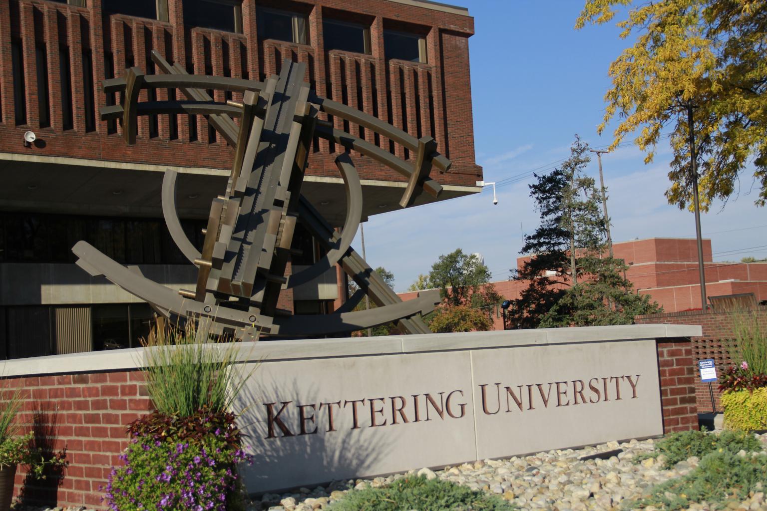 Orbits of Isaac sculpture at Kettering University's Campus Center entrance