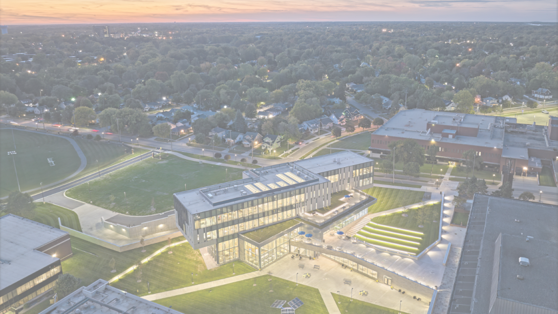 Aerial view of campus at dusk