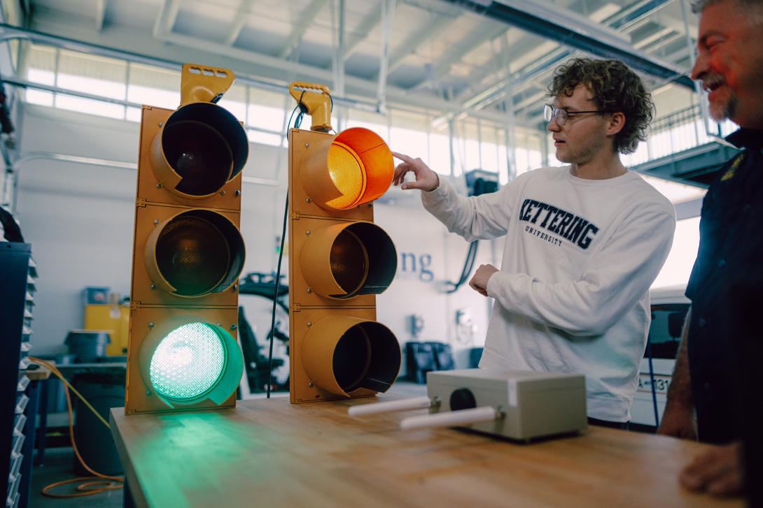 Kettering Student examining stoplight at the MRC